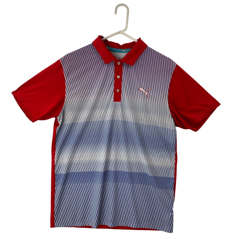 Vintage Puma Mens Golf Polo Shirt PWRCOOL Dry Cell Red White Blue Stripe Size L